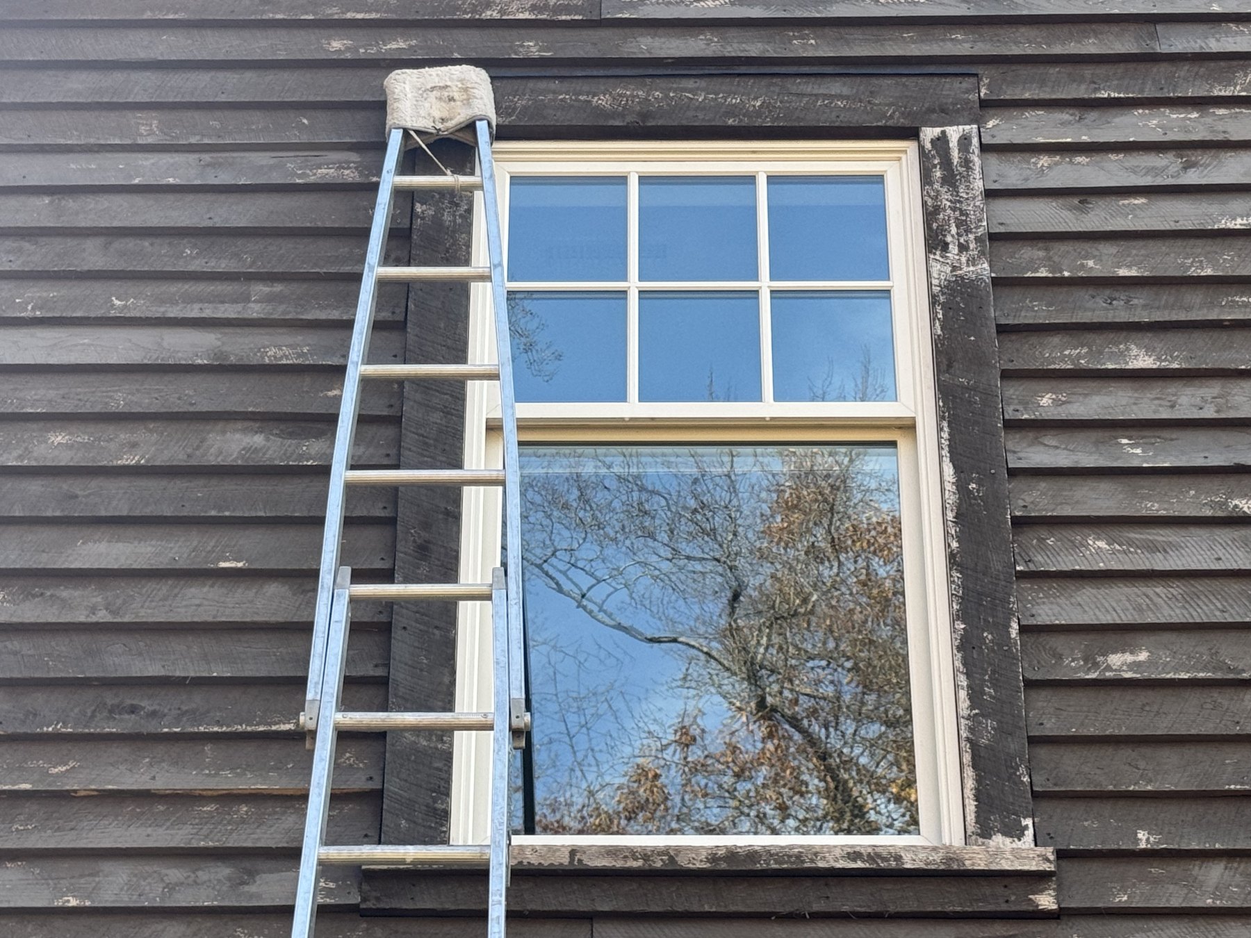 Residential window cleaning with ladder on exterior siding